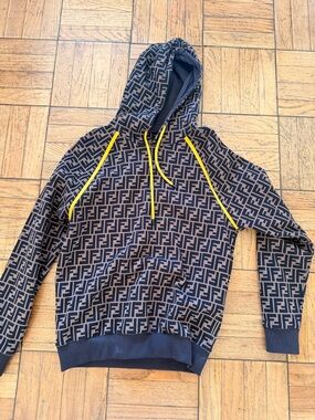 Fendi Brown and Black FF Logo Hoodie with Yellow Drawstrings